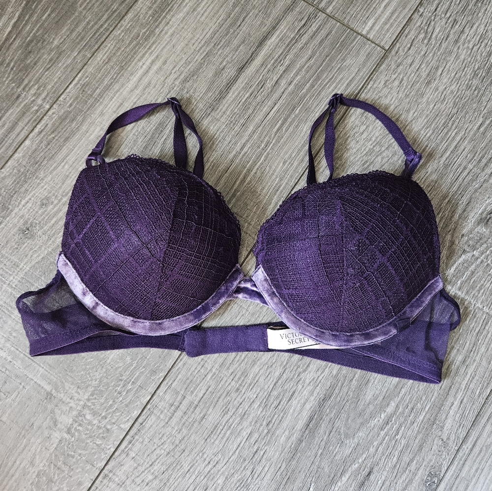 Victoria's Secret Plum purple Plaid Lace Underwire Padded push up bra 34A